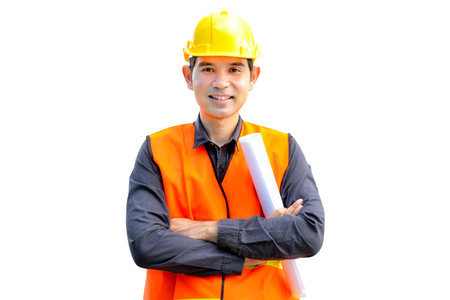 Asian architect or engineer wearing safety vest and hard hat (or helmet) - isolated on white backgroundの写真素材