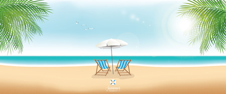 Beautiful summer beach with beach chairs and umbrella - panorama bannerの販売画像
