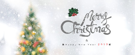 Merry Christmas and Happy New Year 2017 text on panoramic banner background with snowfall