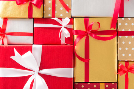 Beautiful gift boxes and bows, top viewの写真素材