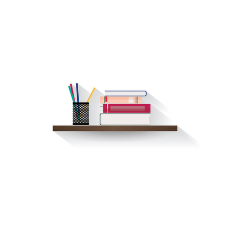 Stack of books and stationery on wood shelf in white wall backgroundのイラスト素材