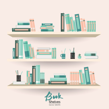 Bookshelves with books and stationery on pastel pink wall backgroundのイラスト素材