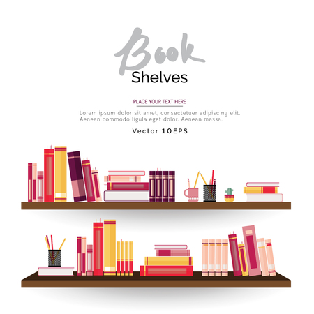Bookshelves with books and stationery on white wall backgroundのイラスト素材