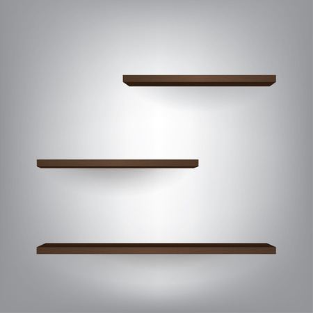 Dark brown wood shelves on gradient gray wall backgroundのイラスト素材