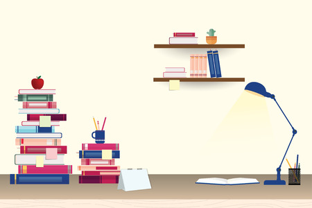 Stack of books and stationery on table and shelves - education conceptのイラスト素材