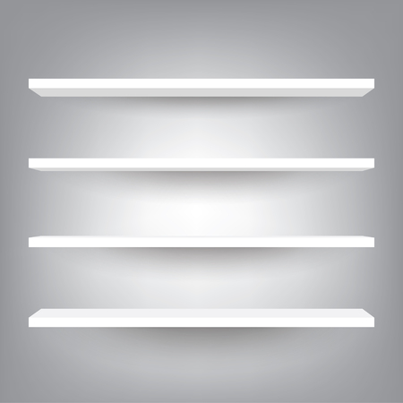 Empty white shelves on gradient light gray wall backgroundのイラスト素材