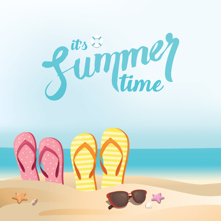 Colorful flip flop shoes and  sunglasses on the beach - summer holiday backgroundのイラスト素材