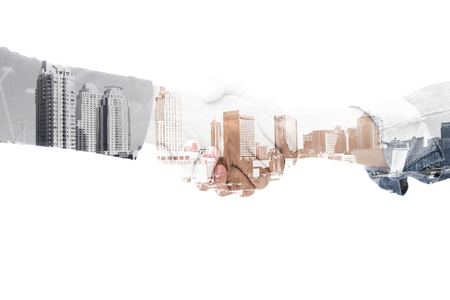 Handshake of businessmen on white background, double exposure effect - partnership, merger and acquisition conceptsの写真素材