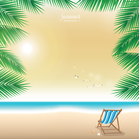 Beach chair at the beach in twilight with palm tree leaves border design, summer time concept - vector backgroundのイラスト素材