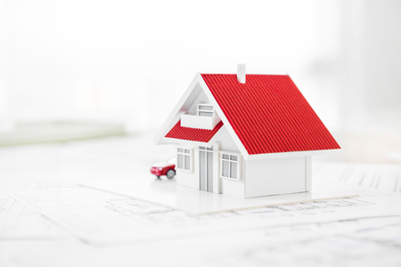 House model on blueprint paper - real estate and property conceptの写真素材