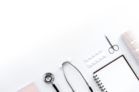 Medical equipments on white background, top view flat lay border design with copy spaceの写真素材