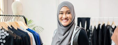 Asian muslim woman designer as a startup business owner in her tailor shop, panoramic web banner
