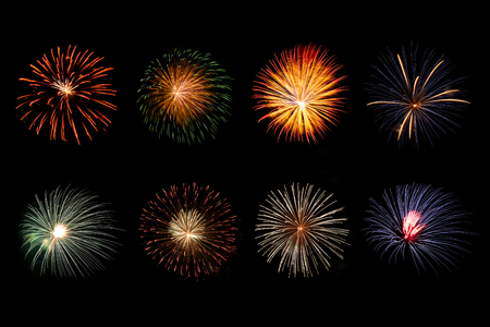 Set of various beautiful sparkling vivid fireworks for holiday celebration backgroundの写真素材
