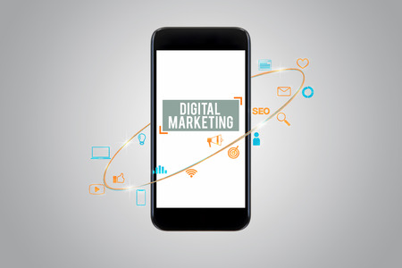 Smartphone with graphic and icons representing digital marketing technology conceptの写真素材