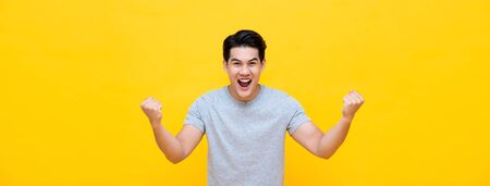 Excited young Asian man raising his fists with smiling delighted face, yes gesture, celebrating success on yellow banner background