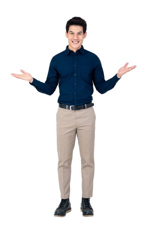 Young smiling handsome Asian man with open palms gesture studio shot isolated on white backgroundの写真素材
