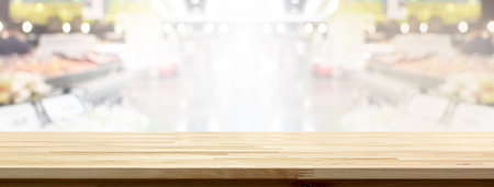 Wood table top in supermarket banner background  for display or montage your products