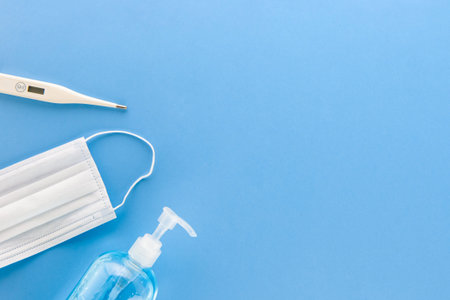 Medical protective supplies including thermometer mask and alcohal gel to stay safe from COVID-19...