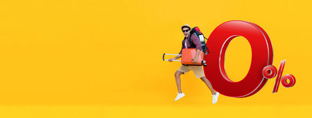 Excited handsome Indian tourist man on yellow banner background with baggage ready to go for travel...