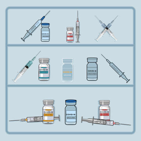Set of Covid 19 vaccine bottle, syringe and  needle vector iconsのイラスト素材
