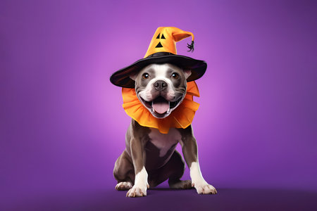 Festive Halloween dressed dog, French Bulldog, in studio purple backgroundの素材