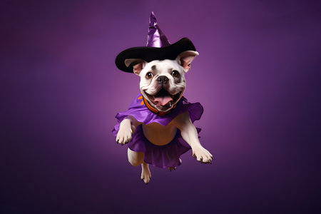 Halloween dressed dog, French Bulldog, jumping and smiling in purple color backgroundの素材
