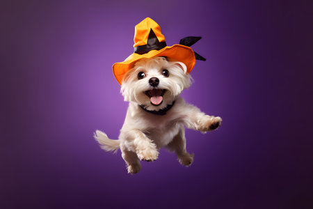 Cute smiling Westie dog wearing Halloween hat jumping in purple studio backgroundの素材
