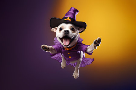 Halloween dressed dog, French Bulldog , jumping and smiling in vibrant colorful backgroundの素材