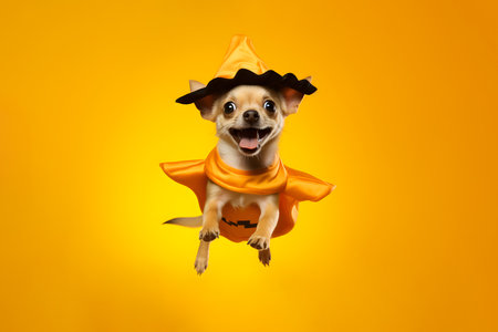 Jumping cute Chihuahua dog wearing Halloween costume in yellow studio backgroundの素材