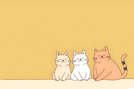 Illustration of three cats sitting on the floor with yellow background.の素材
