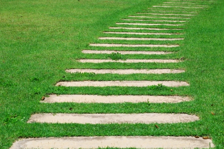 Stone path through a green grassy lawnの写真素材
