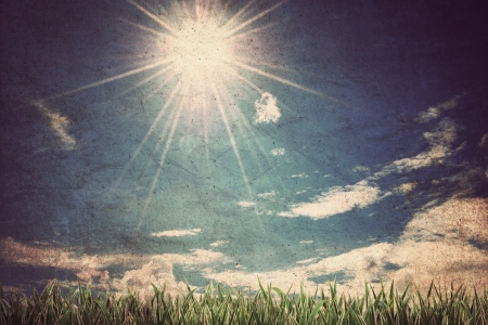 grass and cloudy sky ,Vintage styleの写真素材