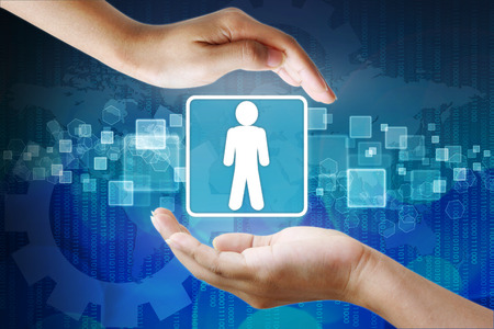 Right Person employee in hand on Abstract business background の写真素材