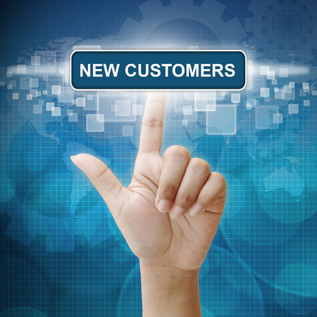 Hand woman press on touch screen interface New Customer buttonの写真素材