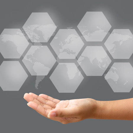 Hand hold blank icon on touch screen interface, wolrd map background