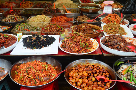 Spicy side dish Korean style in marketの写真素材