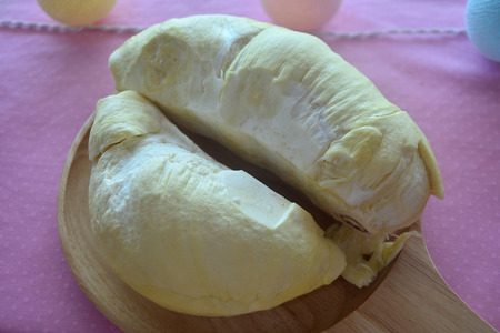 Durian the king of fruit on wooden plateの写真素材