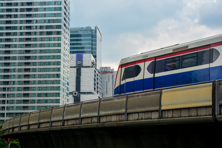 BANGKOK, THAILAND, October 25, 2018 - BTS skytrain is running on railway at Chong nonsi station, Sathorn business centers in Bangkokのeditorial素材