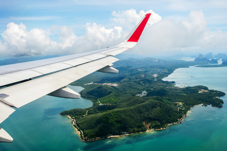 Tropical group of islands in Thailand as seen on window through window of an aicraft. Top viewの写真素材