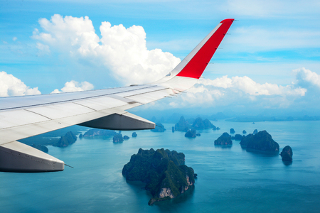 Tropical group of islands in Thailand as seen on window through window of an aicraft. Top viewの写真素材