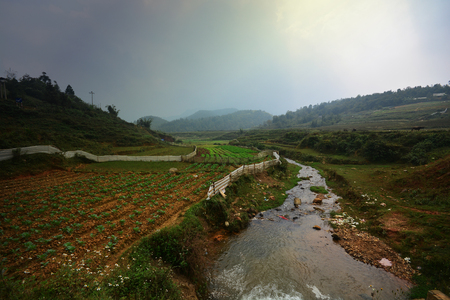 Beautiful landscape with green field on mountains and cloudy sky in Sa Pa, Vietnamの写真素材