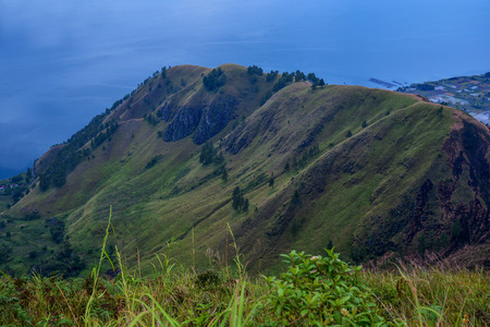 Beautiful Panoramic nature view of lake Toba from Berastagi, Medan, Indonesia.の写真素材