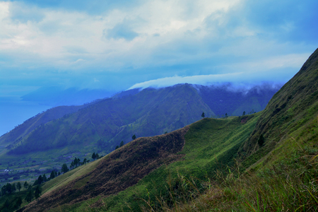 Beautiful Panoramic nature view of lake Toba from Berastagi, Medan, Indonesia.の写真素材