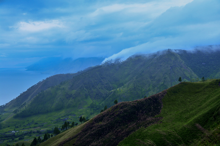 Beautiful Panoramic nature view of lake Toba from Berastagi, Medan, Indonesia.の写真素材