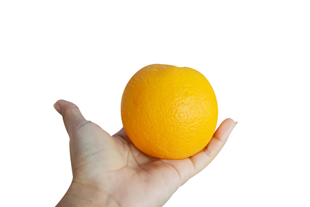 Hand holding orange on isolated on white backgroundの写真素材