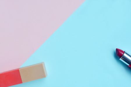 Creative flat lay of cosmetic on pastel background, Minimal cosmetic beauty product concept with copy spaceの写真素材
