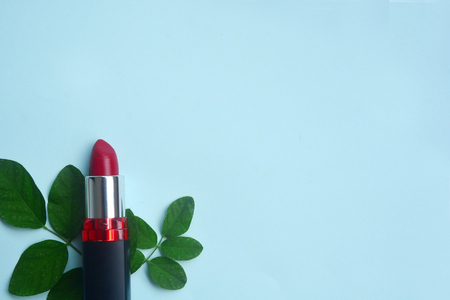 Red lipstick isolated with green leaves on pastel background, Minimal makeup fashion concept.の写真素材