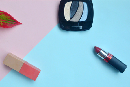 Creative flat lay of cosmetic on pastel background, Minimal cosmetic beauty product concept with copy spaceの写真素材