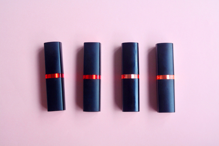 Set of lipstick isolated on pastel background, Minimal makeup fashion concept.の写真素材