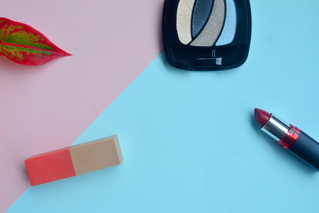 Creative flat lay of cosmetic on pastel background, Minimal cosmetic beauty product concept with copy spaceの写真素材